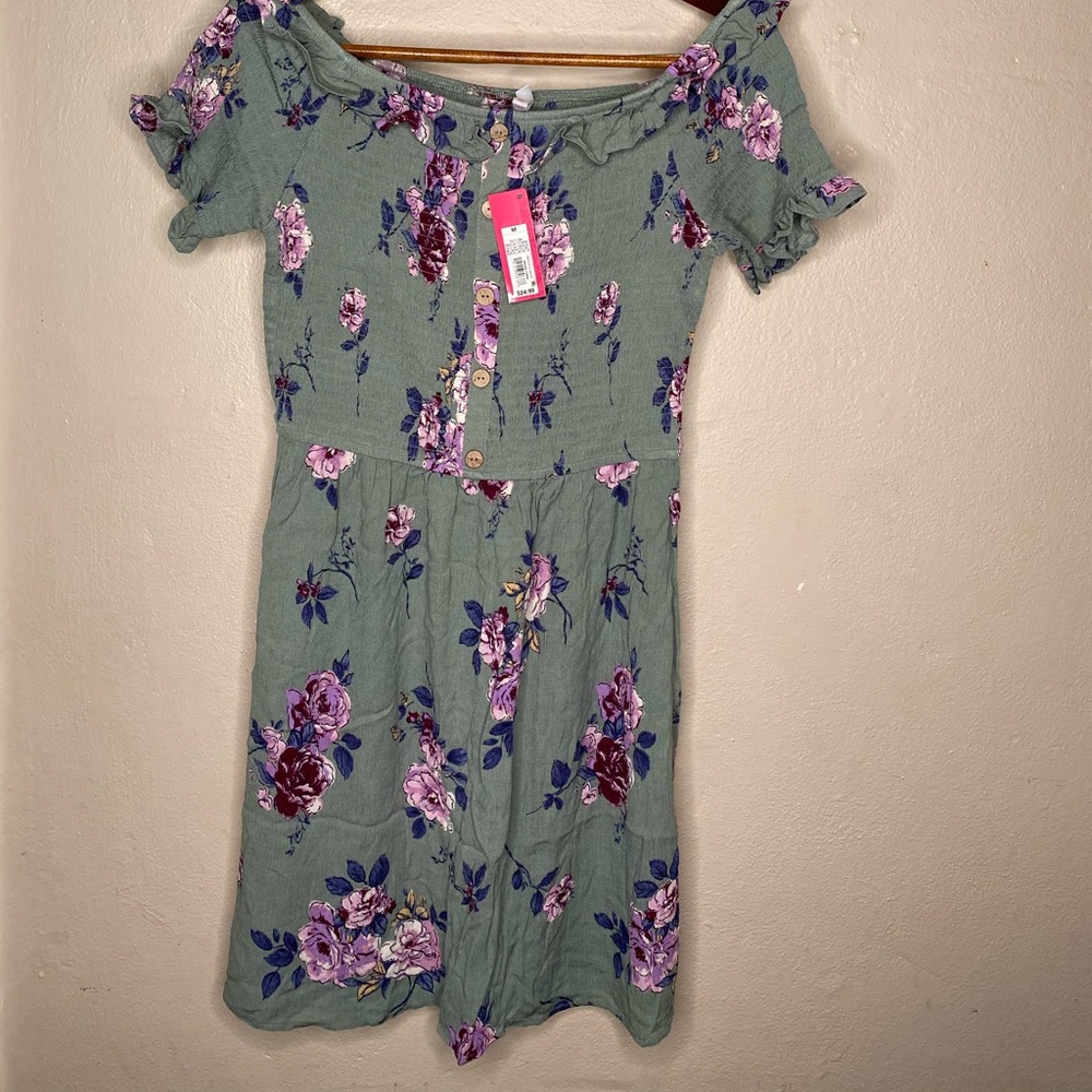 Floral Print Short Sleeve Smocked Top Dress - Picture 3 of 5